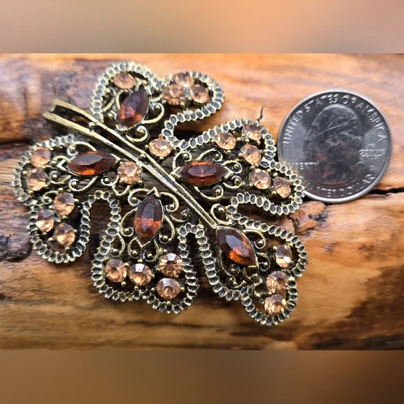 Leaf Brooch Antiqued Gold Tone Brown & Lt Orange Rhinestones 2" X 2.75" 🍁 - Picture 3 of 4